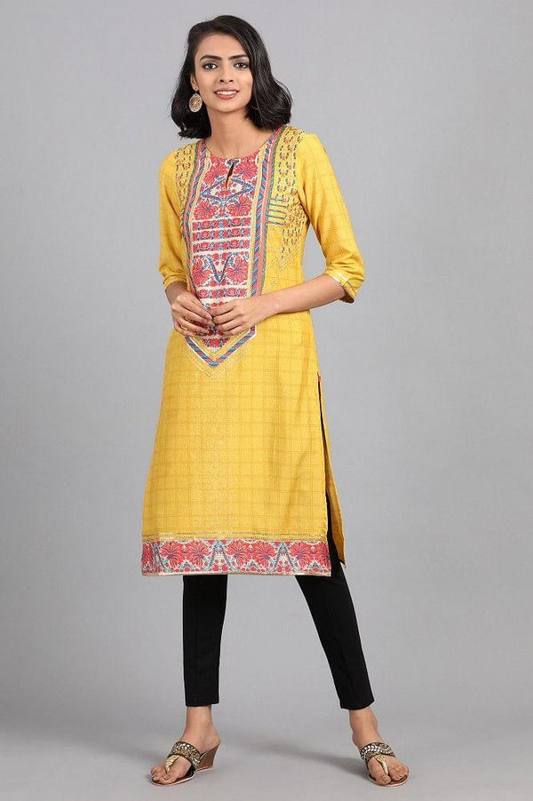 Yellow Round Neck Printed kurta