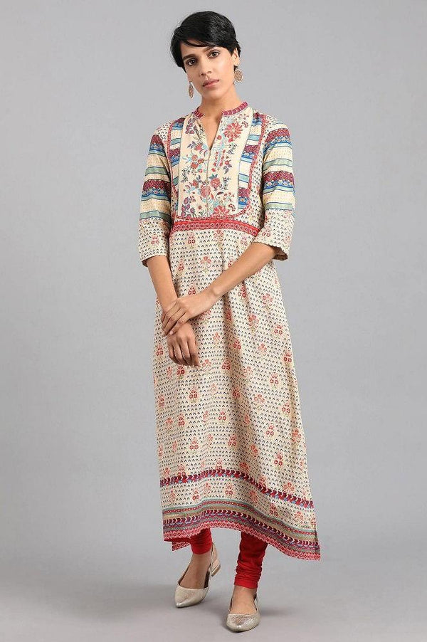 Beige Mandarin Neck Printed kurta