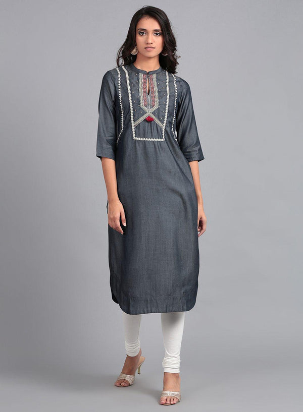 Blue Round Neck Embroidered kurta