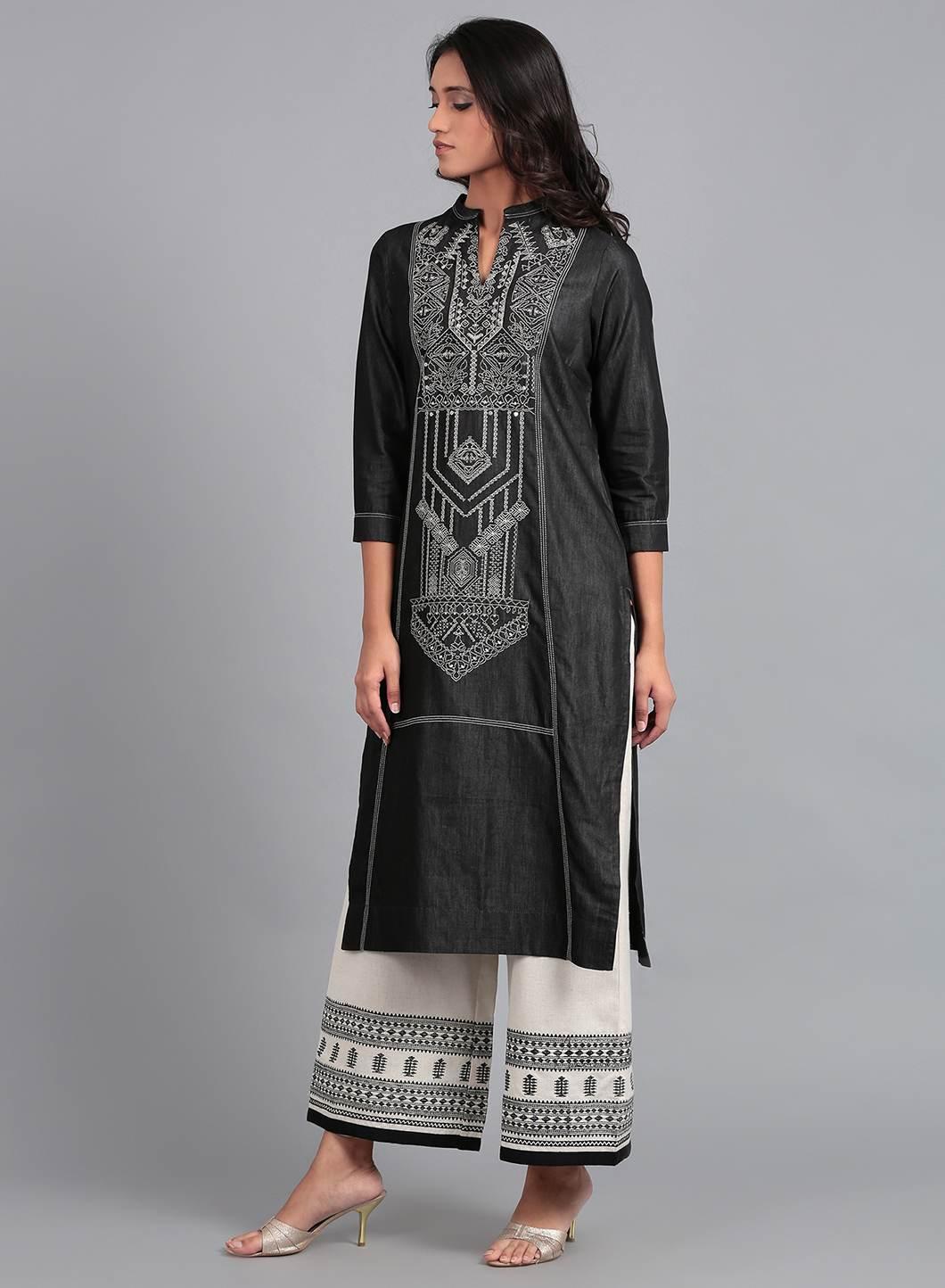 Blue Mandarin Neck Denim kurta - wforwoman