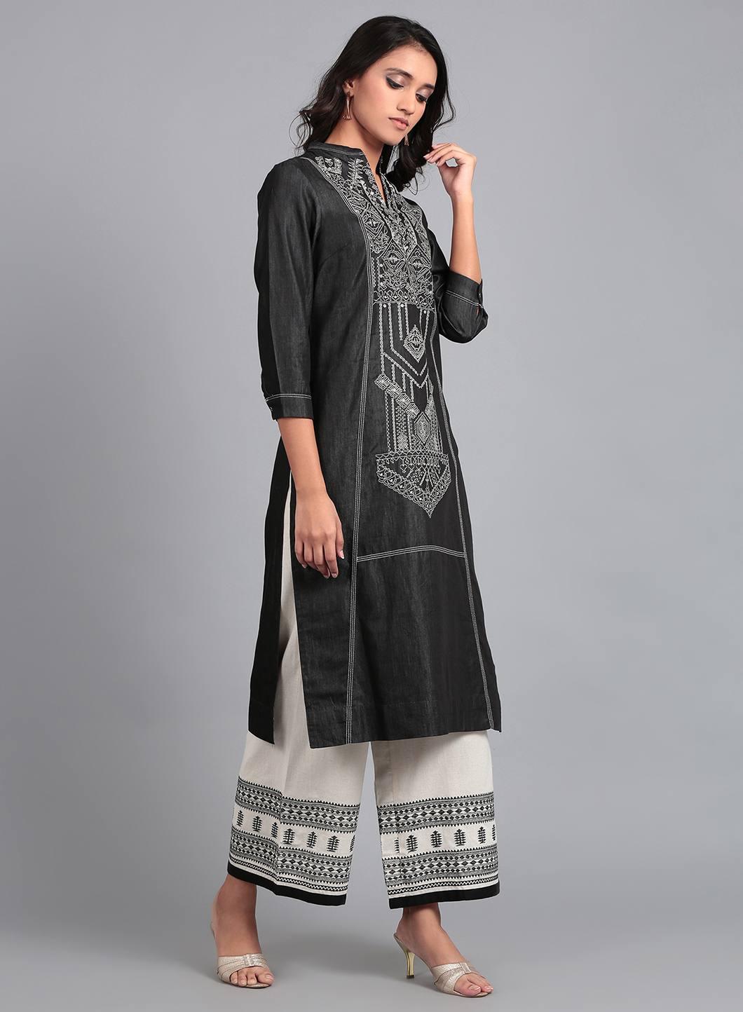 Blue Mandarin Neck Denim kurta - wforwoman