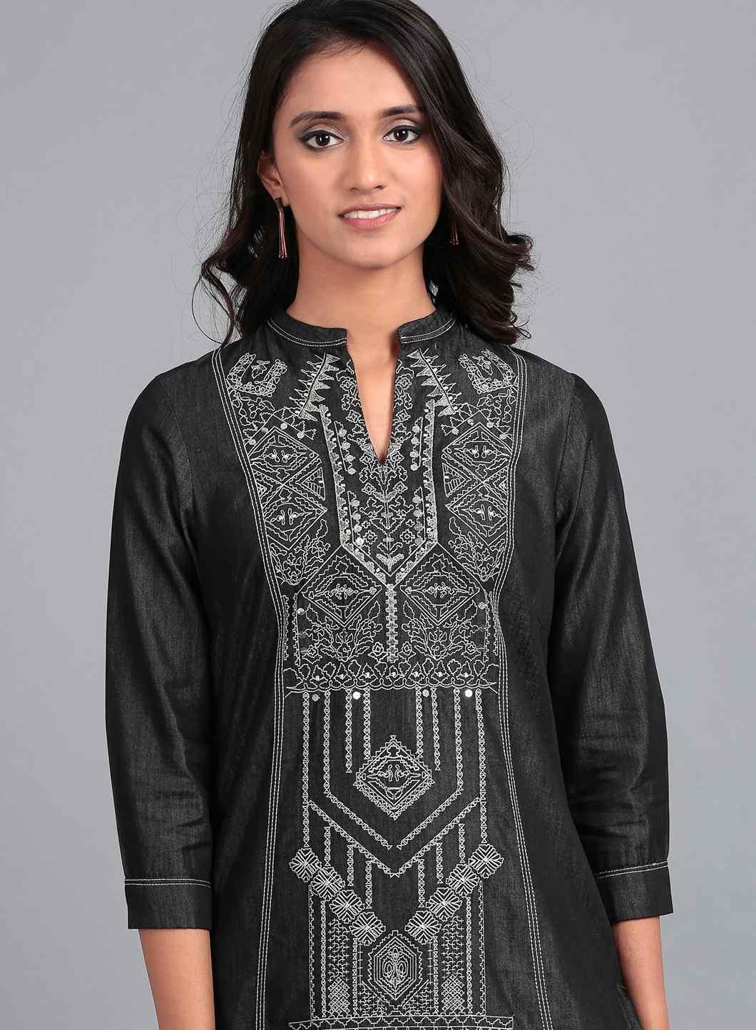 Blue Mandarin Neck Denim kurta - wforwoman