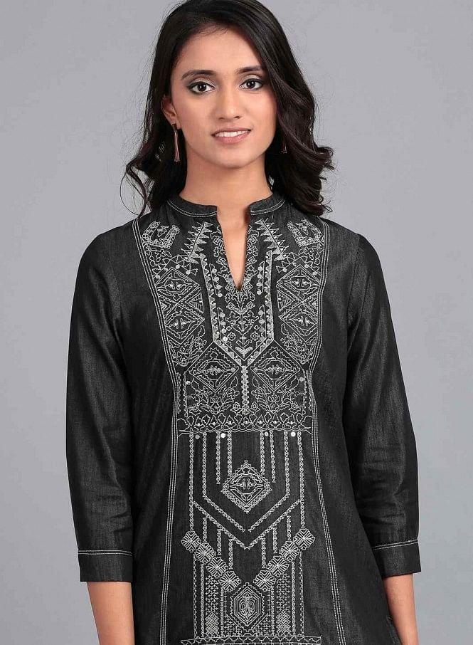 Blue Mandarin Neck Denim kurta - wforwoman