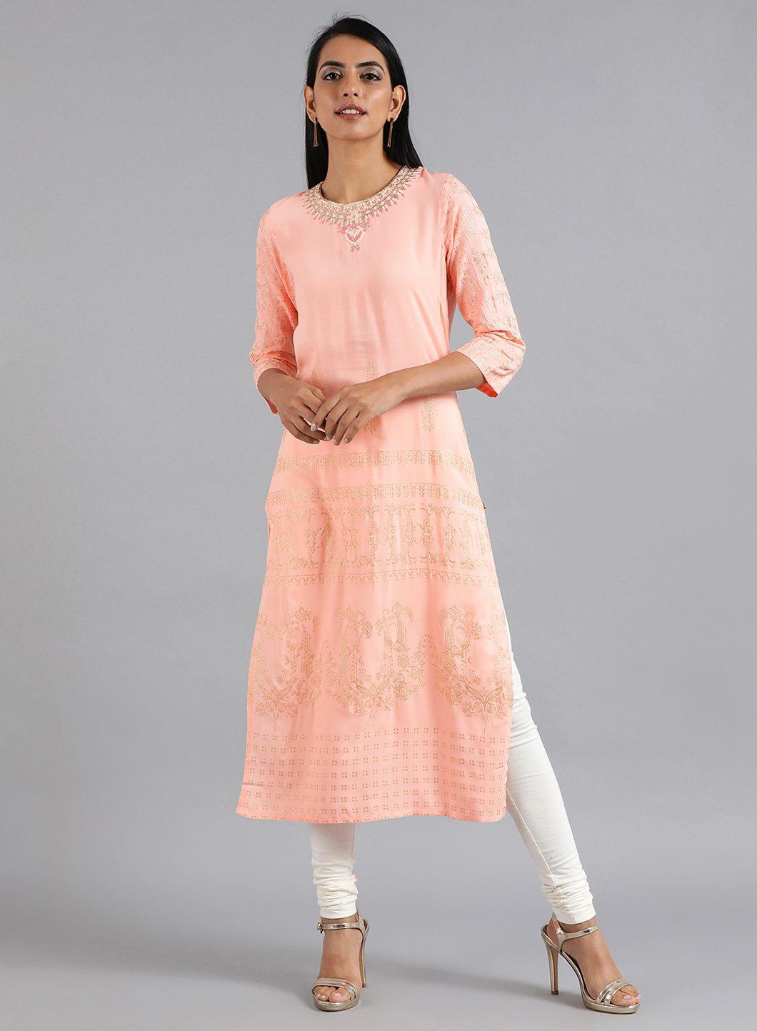 Peach Round Neck Glitter Print kurta - wforwoman