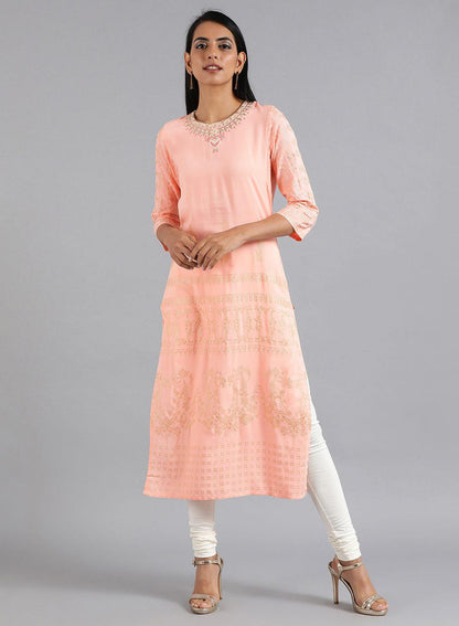 Peach Round Neck Glitter Print kurta - wforwoman