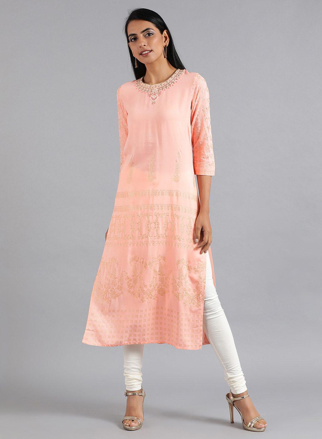 Peach Round Neck Glitter Print kurta - wforwoman