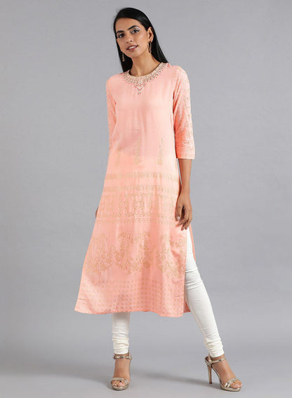 Peach Round Neck Glitter Print kurta - wforwoman