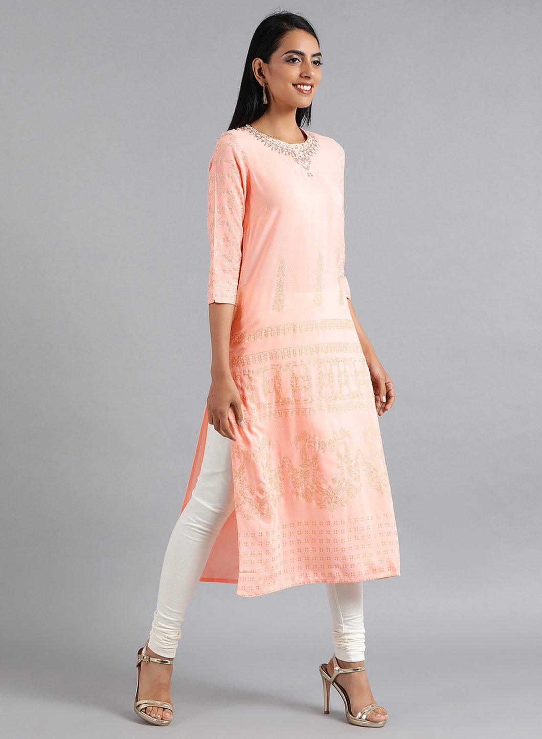 Peach Round Neck Glitter Print kurta - wforwoman