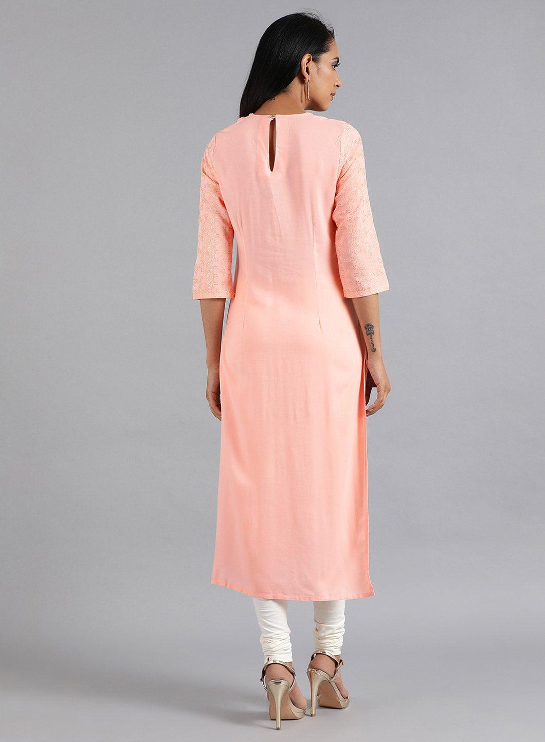 Peach Round Neck Glitter Print kurta - wforwoman