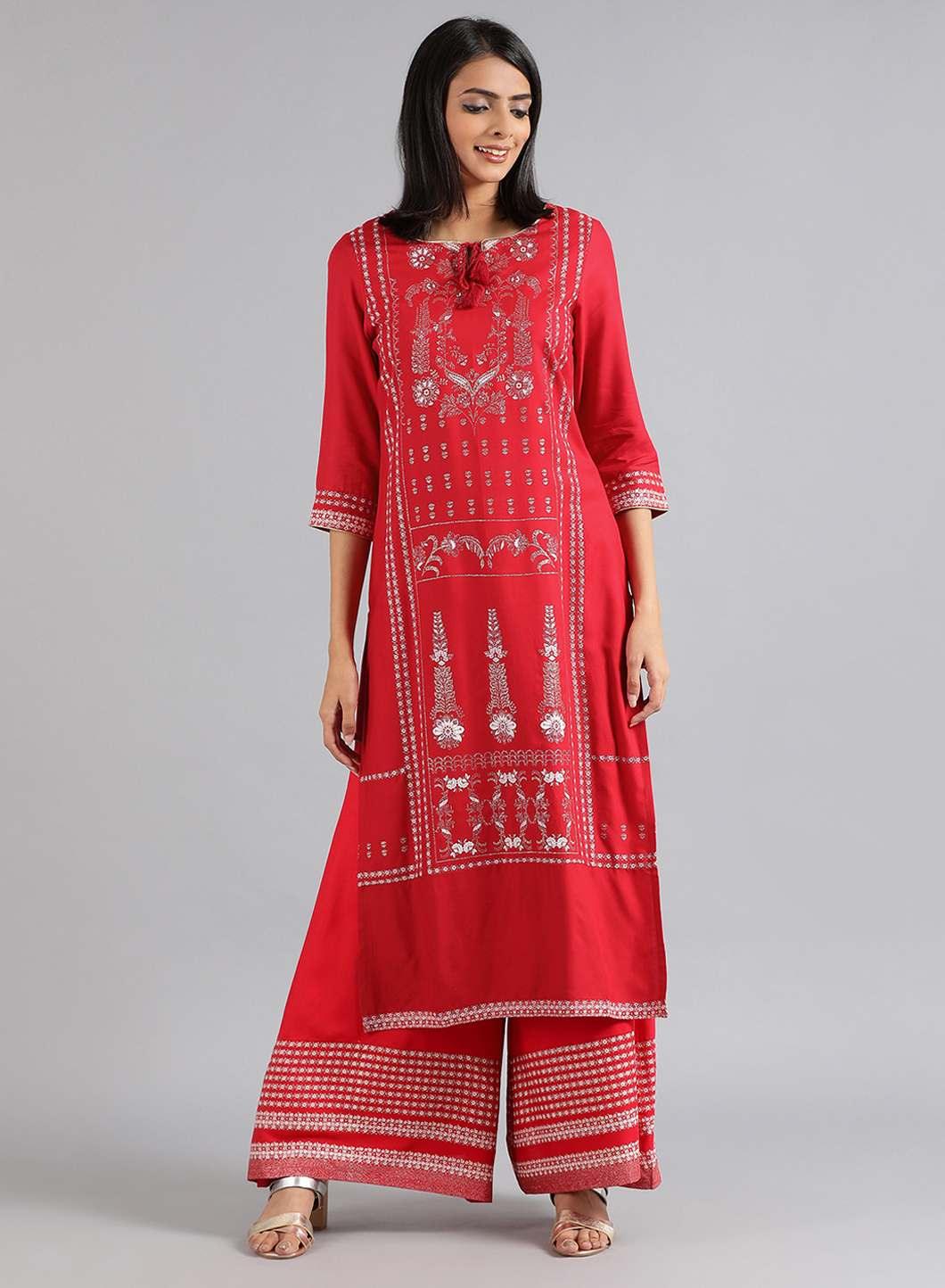 Red Round Neck Glitter Print kurta - wforwoman