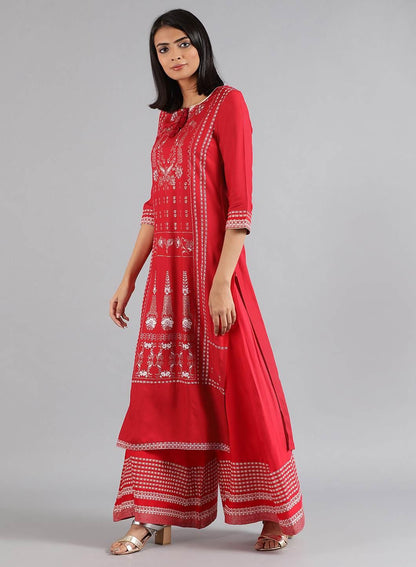 Red Round Neck Glitter Print kurta - wforwoman