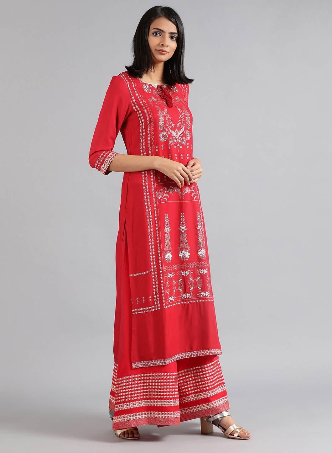 Red Round Neck Glitter Print kurta - wforwoman