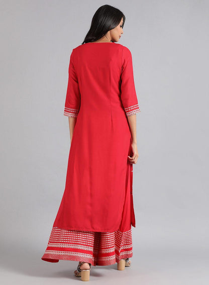 Red Round Neck Glitter Print kurta - wforwoman