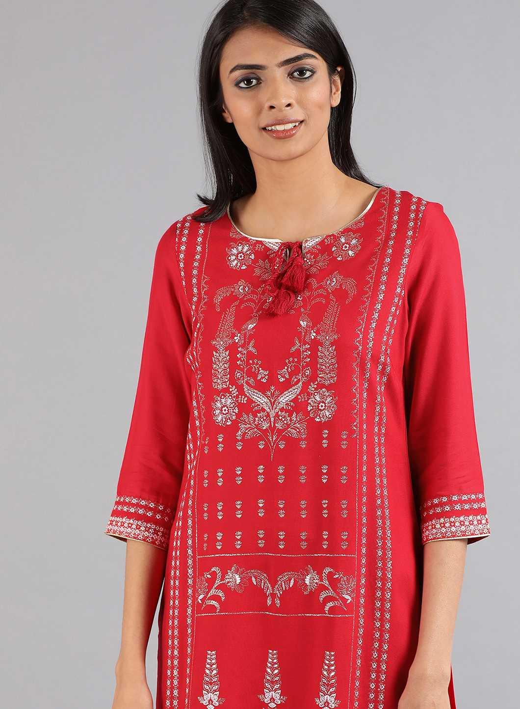 Red Round Neck Glitter Print kurta - wforwoman