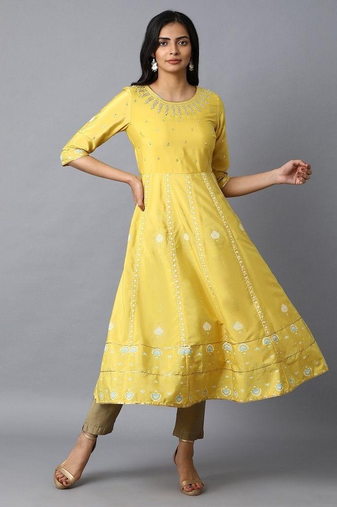 Yellow Embroidered A-Line kurta - wforwoman