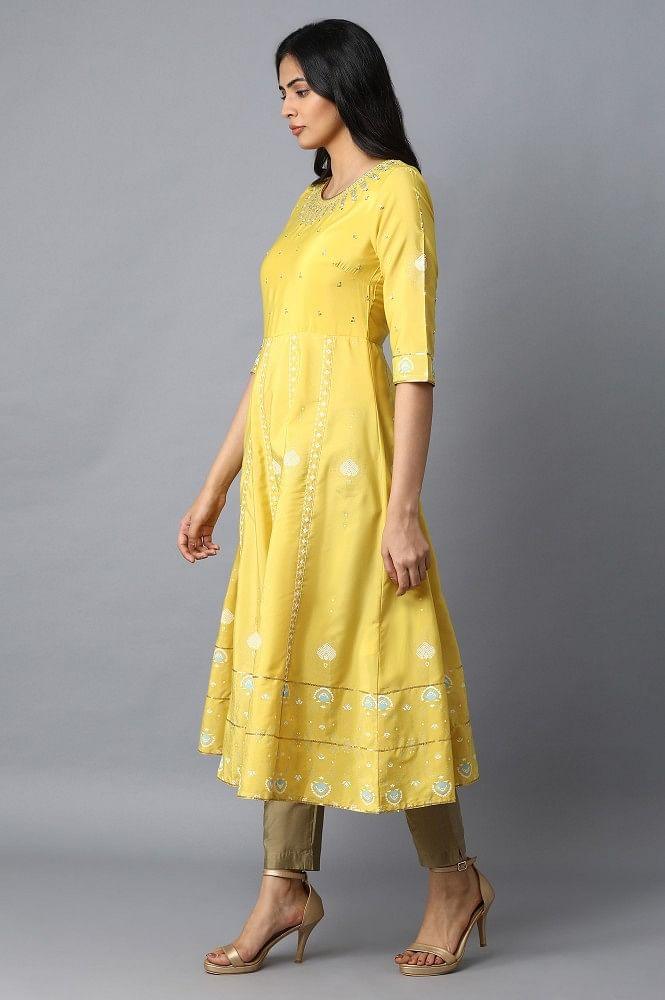 Yellow Embroidered A-Line kurta - wforwoman