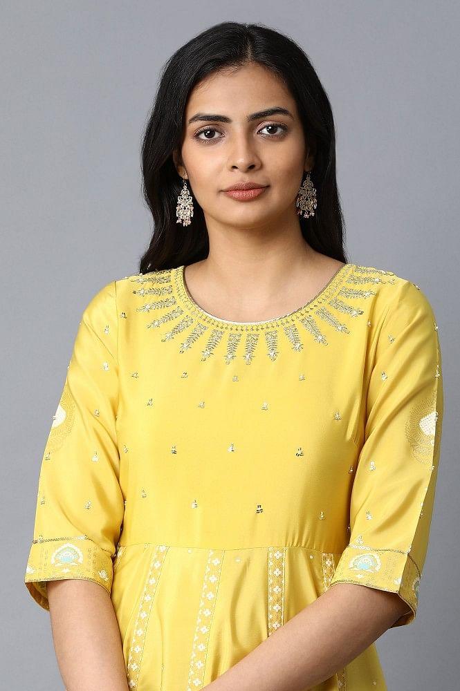 Yellow Embroidered A-Line kurta - wforwoman