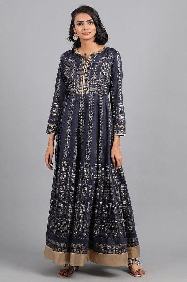 Blue & Gold Khadi Print Gown