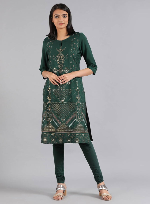 Green Round Neck Printed kurta