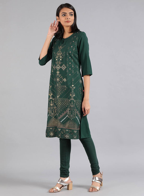 Green Round Neck Printed kurta