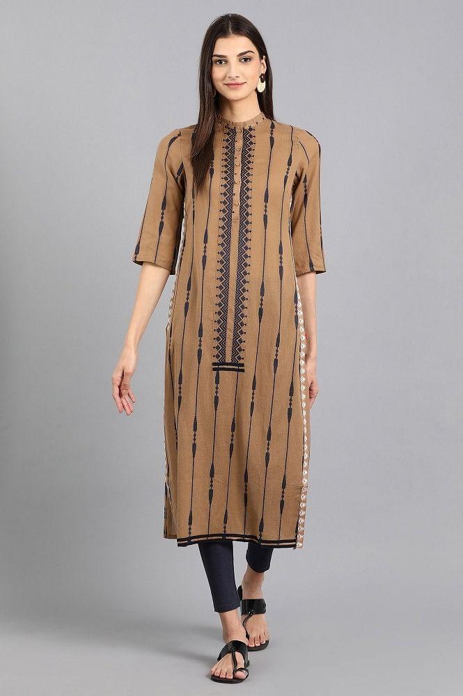 Brown Mandarin Neck Yarn-dyed kurta - wforwoman