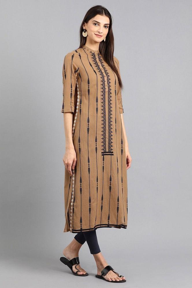 Brown Mandarin Neck Yarn-dyed kurta - wforwoman