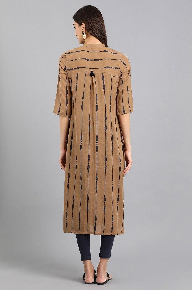Brown Mandarin Neck Yarn-dyed kurta - wforwoman