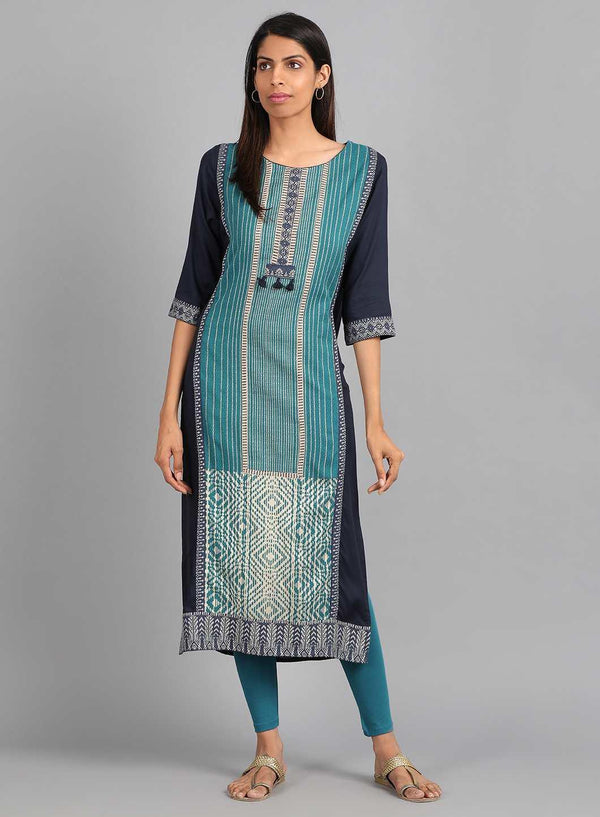 Teal Round Neck Printed kurta