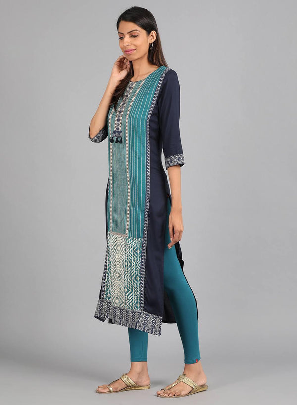 Teal Round Neck Printed kurta