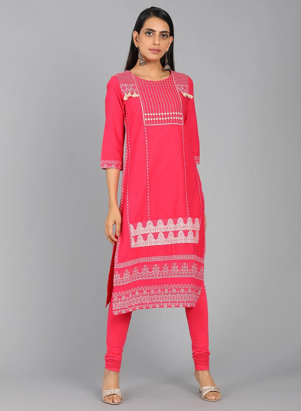 Pink Round Neck Printed kurta