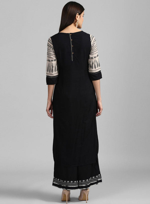 Beige & Black Round Neck Dobby kurta