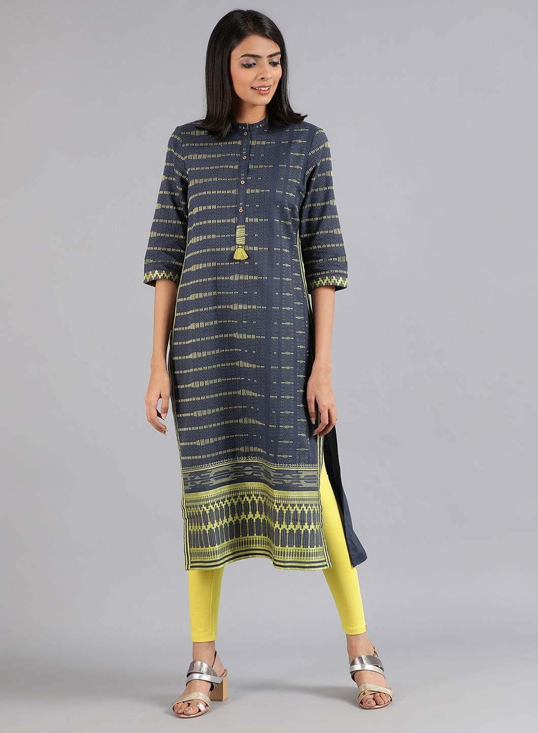 Blue Mandarin Neck Dobby kurta - wforwoman