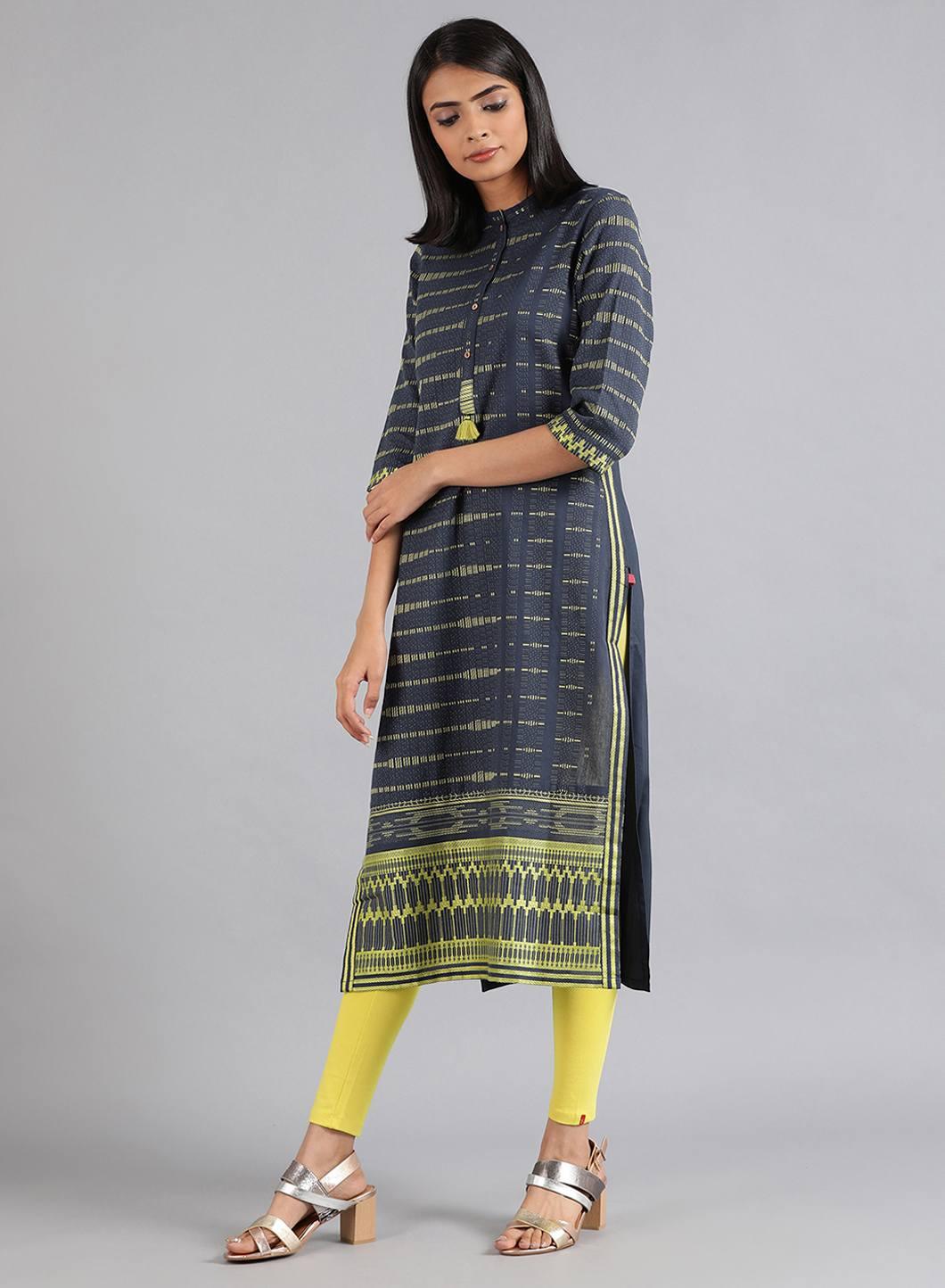 Blue Mandarin Neck Dobby kurta - wforwoman
