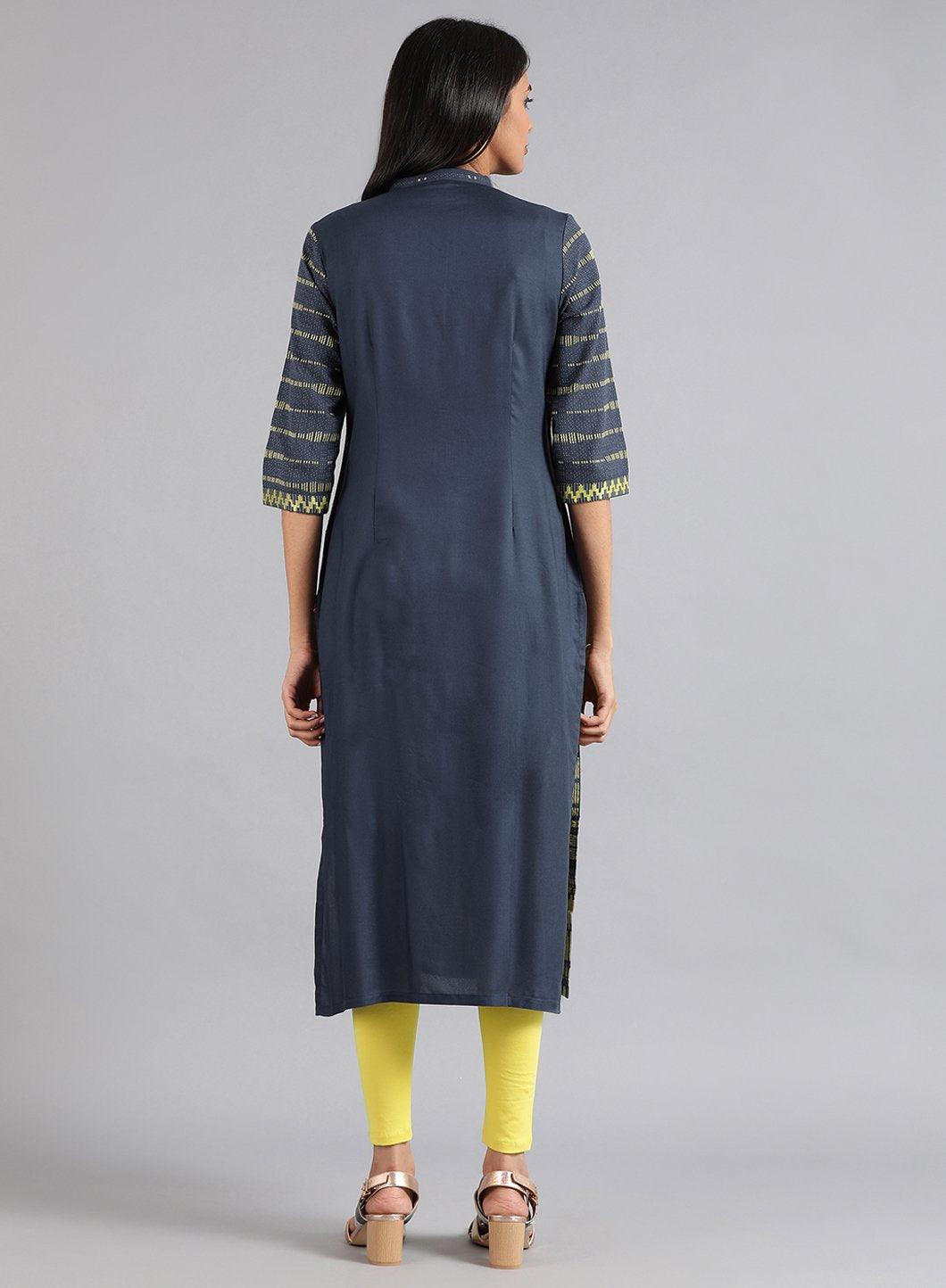 Blue Mandarin Neck Dobby kurta - wforwoman