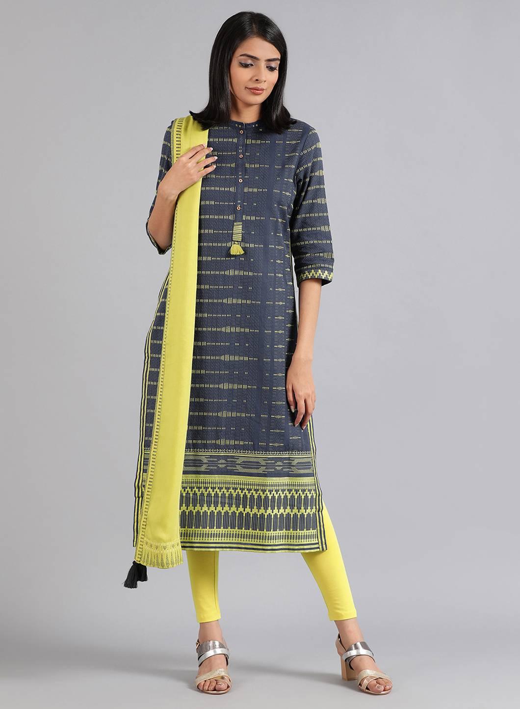 Blue Mandarin Neck Dobby kurta - wforwoman