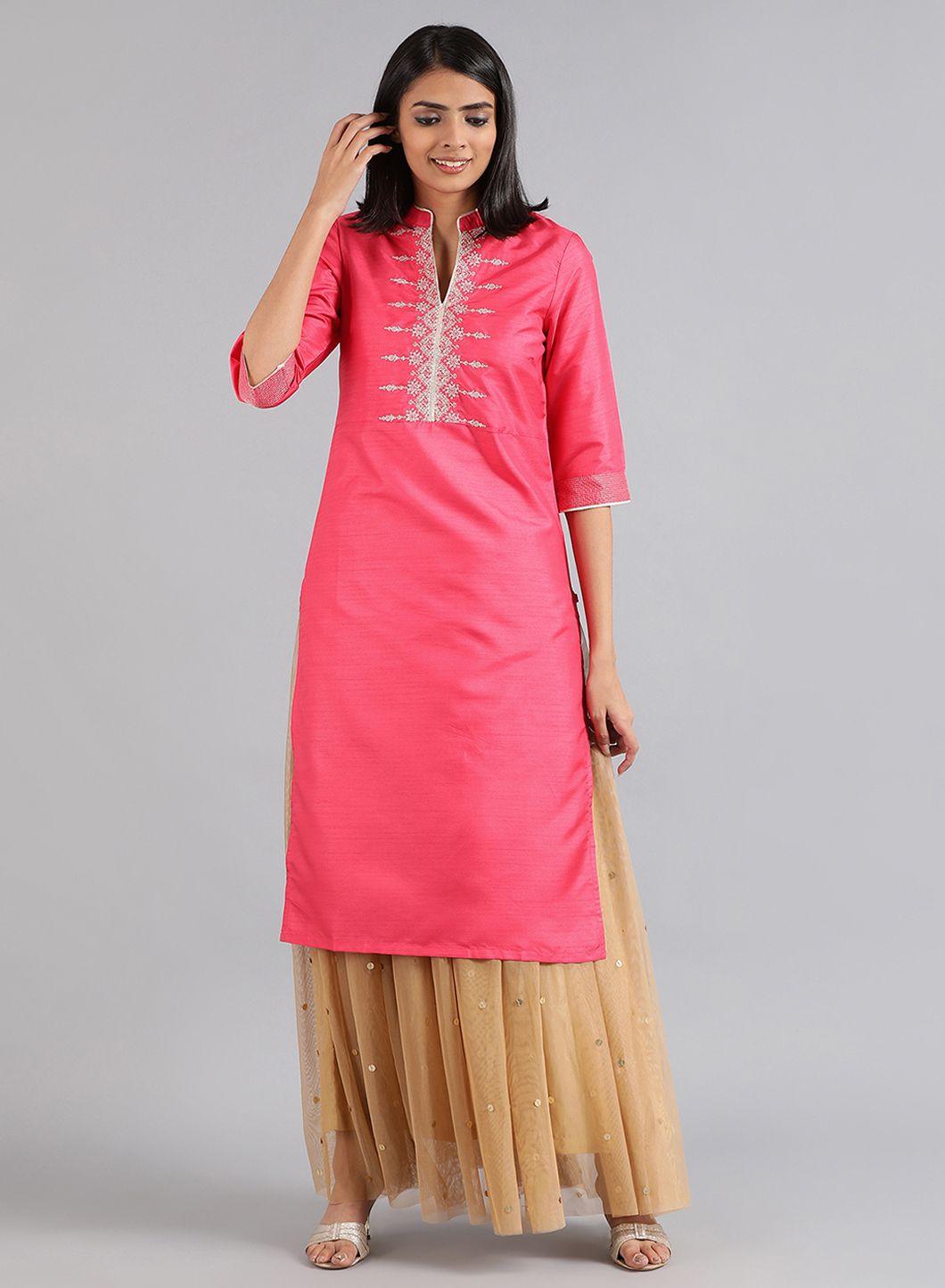 Pink Mandarin Neck Solid kurta - wforwoman