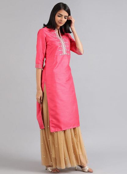 Pink Mandarin Neck Solid kurta - wforwoman