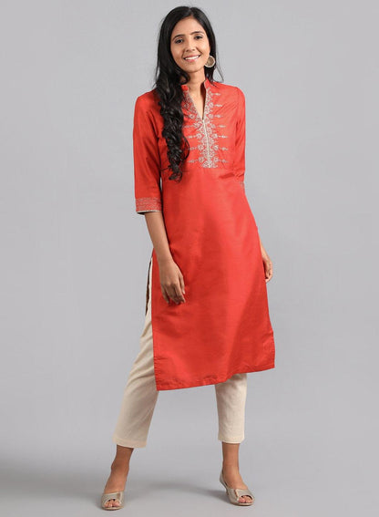 Red Mandarin Neck Solid kurta - wforwoman