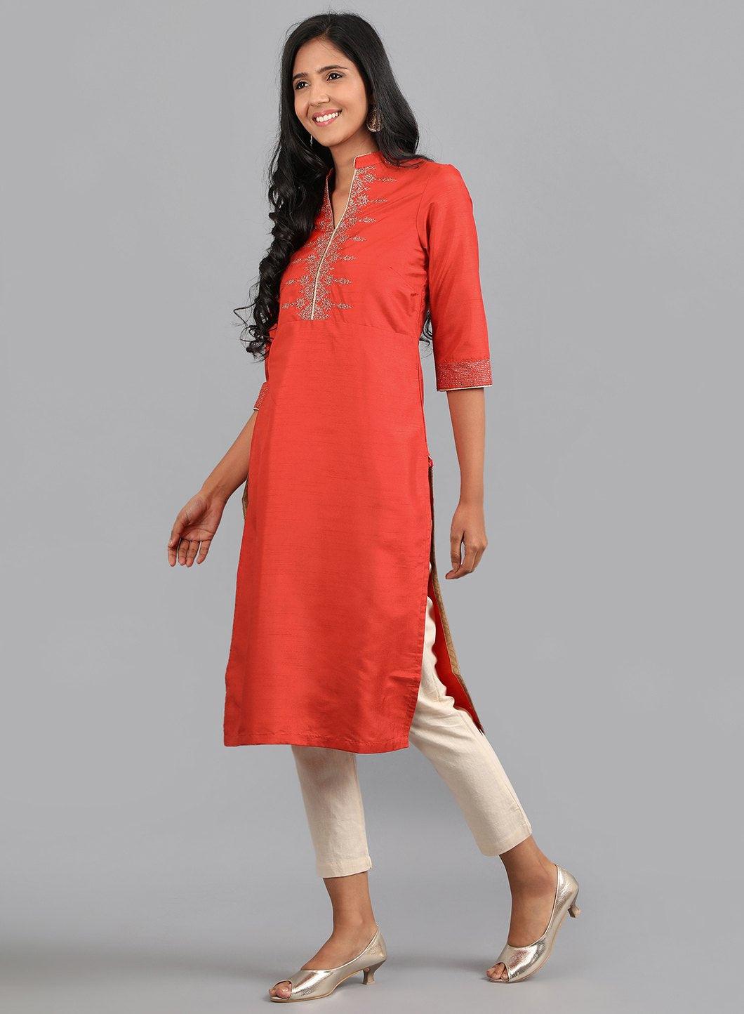 Red Mandarin Neck Solid kurta - wforwoman