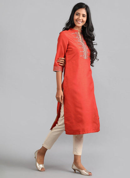 Red Mandarin Neck Solid kurta - wforwoman