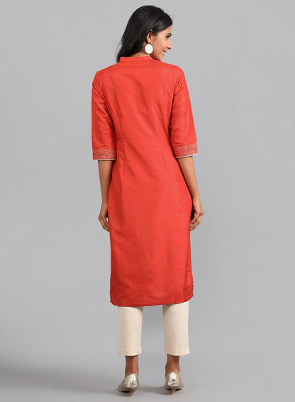 Red Mandarin Neck Solid kurta - wforwoman