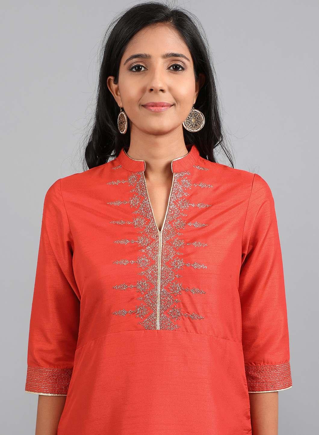 Red Mandarin Neck Solid kurta - wforwoman