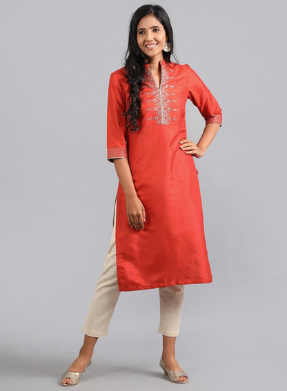Red Mandarin Neck Solid kurta - wforwoman