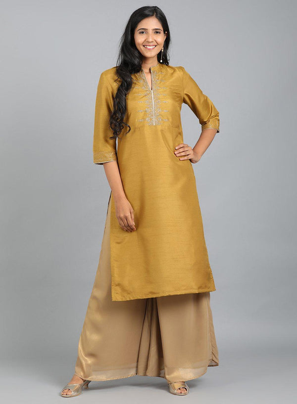 Yellow Mandarin Neck Embellished kurta