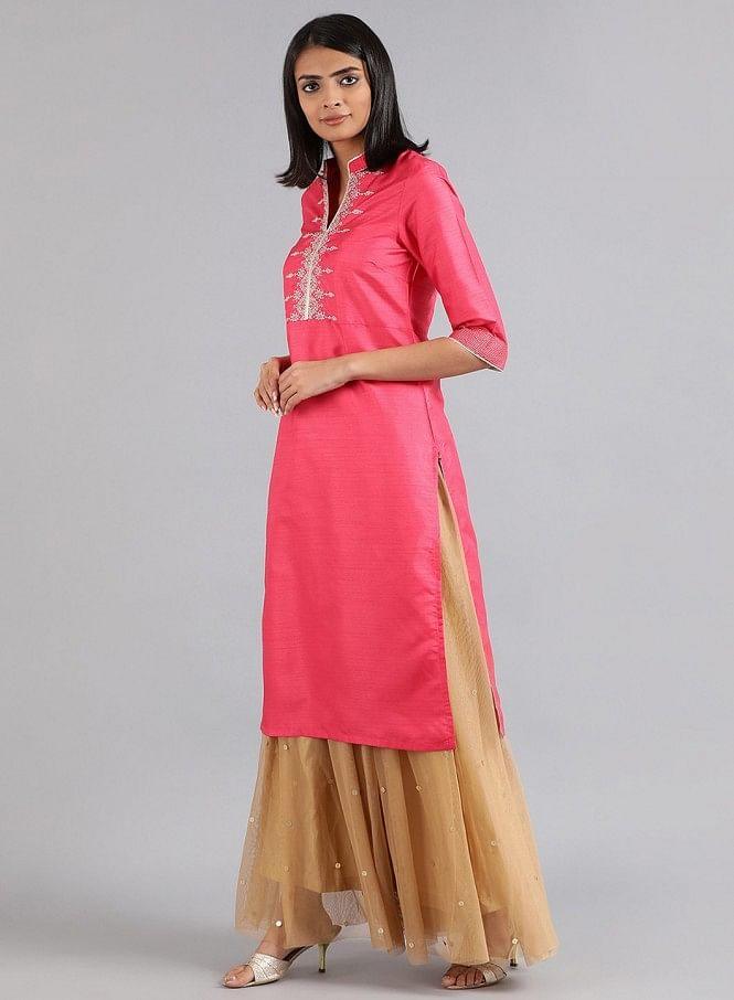 Pink Mandarin Neck Solid kurta - wforwoman