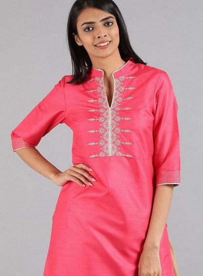 Pink Mandarin Neck Solid kurta - wforwoman