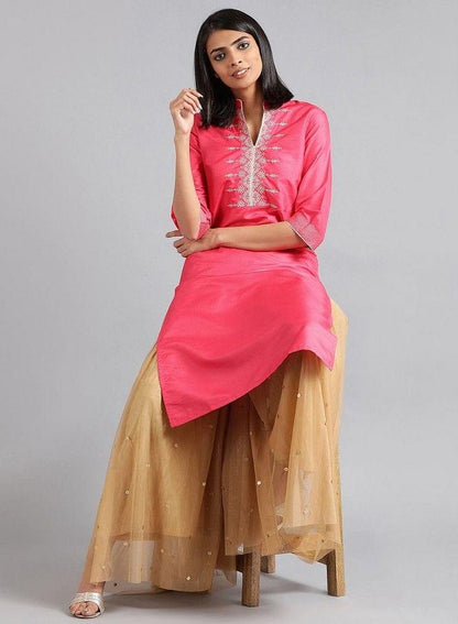 Pink Mandarin Neck Solid kurta - wforwoman