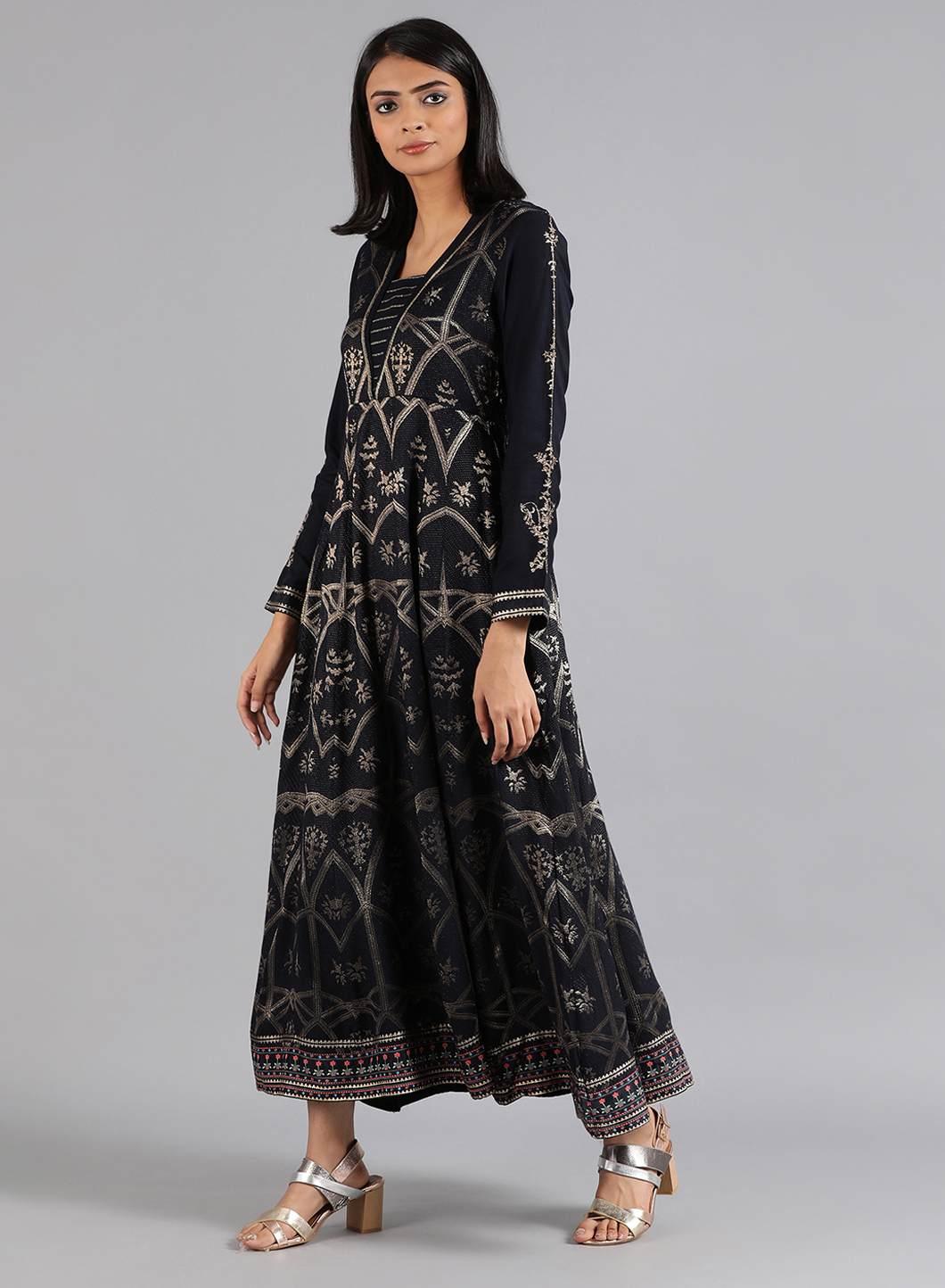 Blue Round Neck Dobby Gown - wforwoman