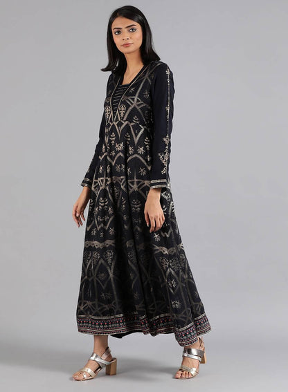 Blue Round Neck Dobby Gown - wforwoman