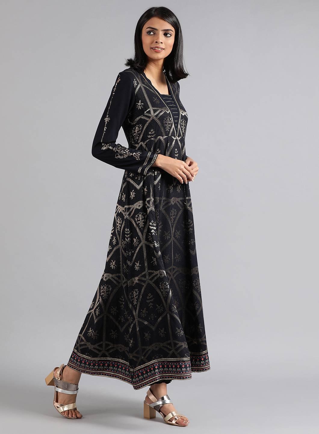 Blue Round Neck Dobby Gown - wforwoman